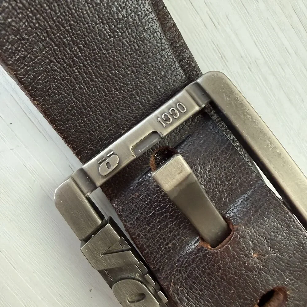 VTG Völkl 1990 Brown Leather Belt Big Metal Logo Buckle Ski Germany Mens